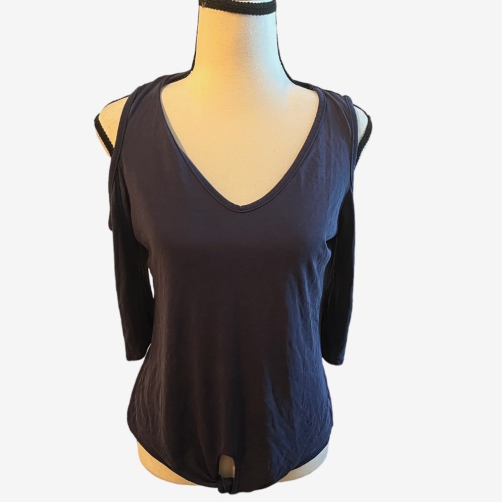 Acemi Cold Shoulder Blue/Gray Grey Top with Tie Front Size Small S 3/4th Length